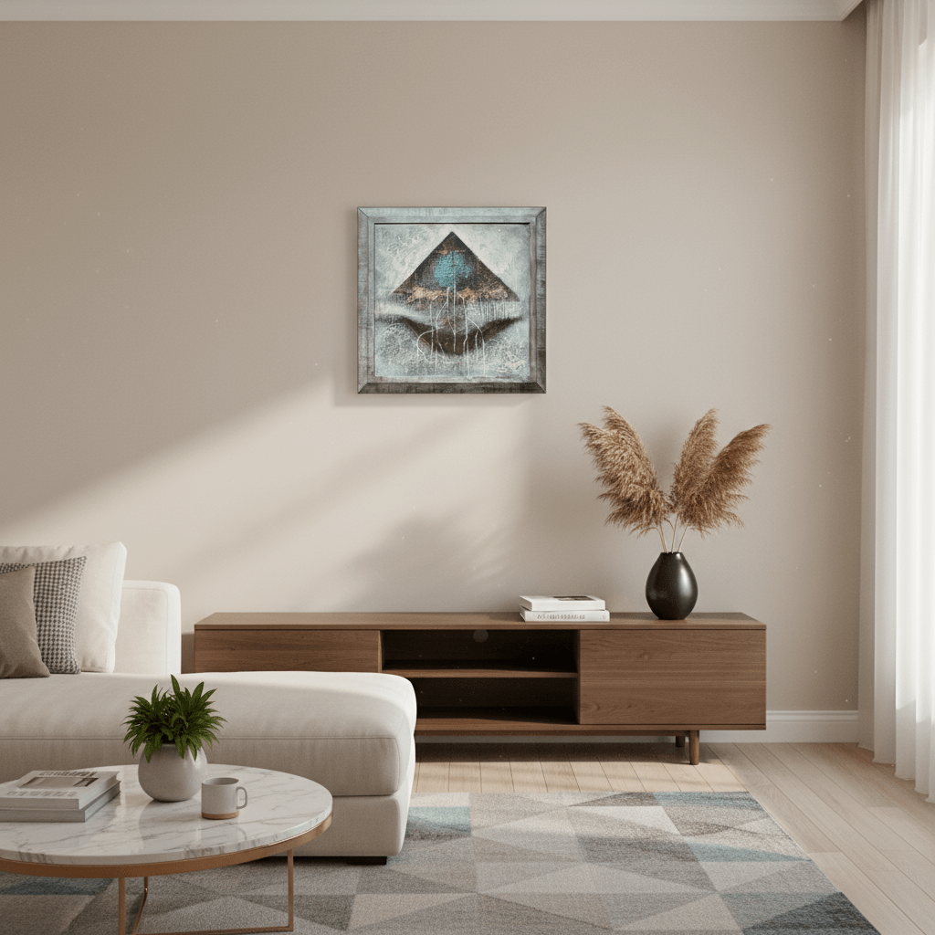 Abstraktní obraz Levitující pyramida – kombinovaná technika